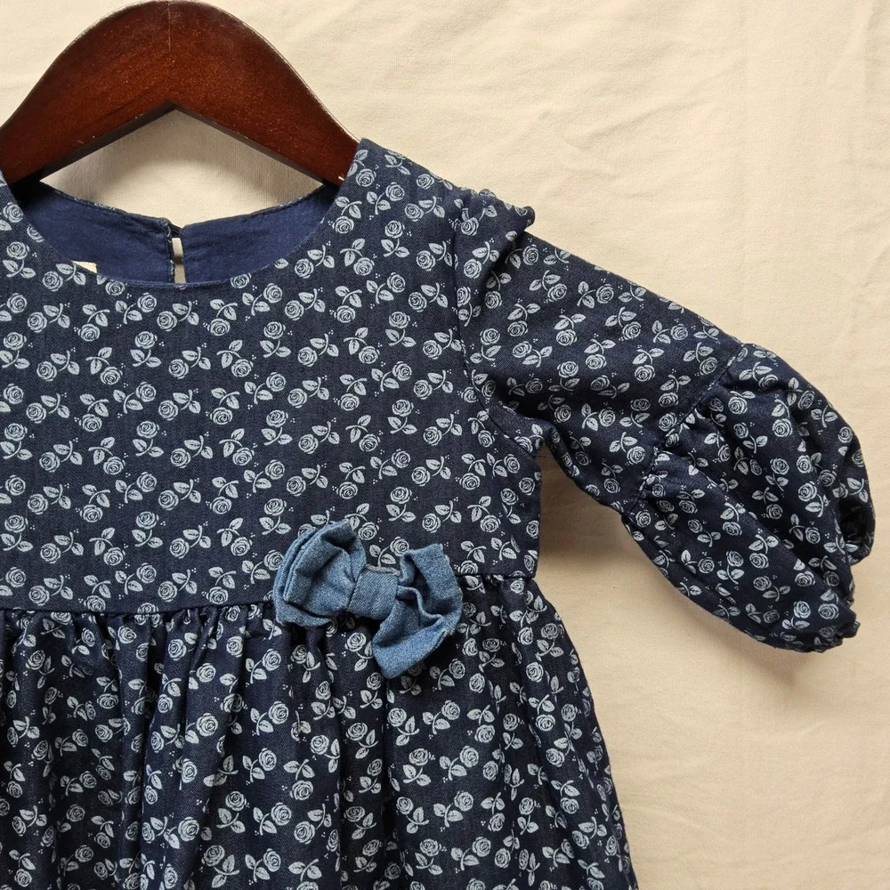 Laura Ashley London Floral Dress Kids Size 5 Navy Blue Long Sleeve Bow Accent